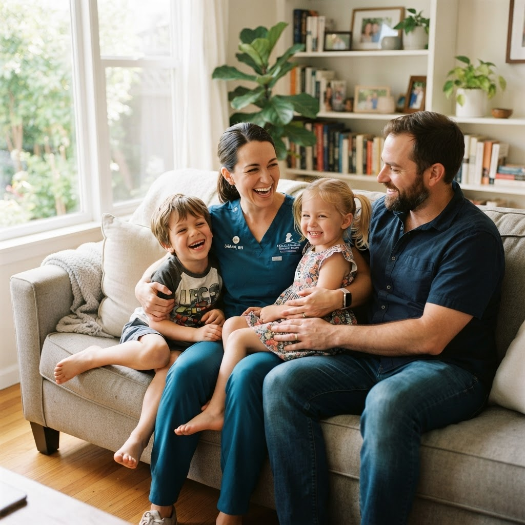 A nurse in scrubs smiling with her family at home