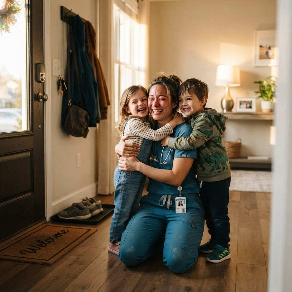 A nurse in scrubs embracing her children at home